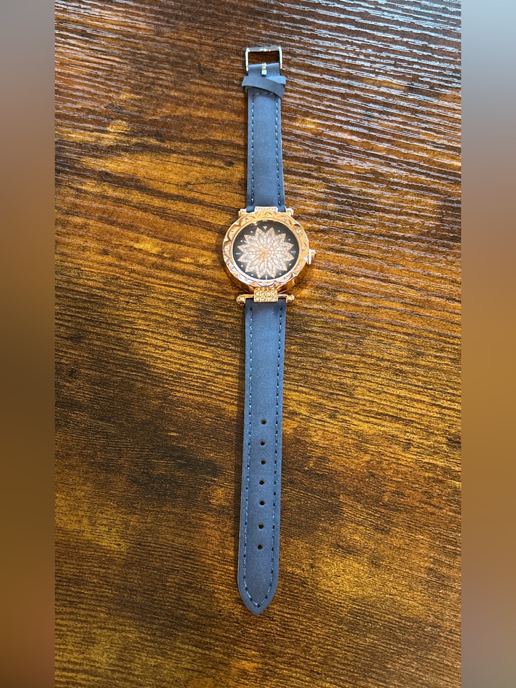 Rose Gold Floral Dial Watch With Blue Strap